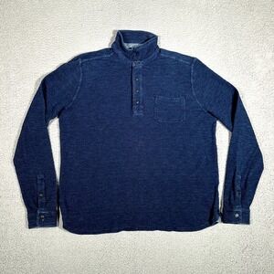 Lucky Brand Shirt Mens Large Blue Thermal Polo Sweater Casual Preppy Indigo Logo